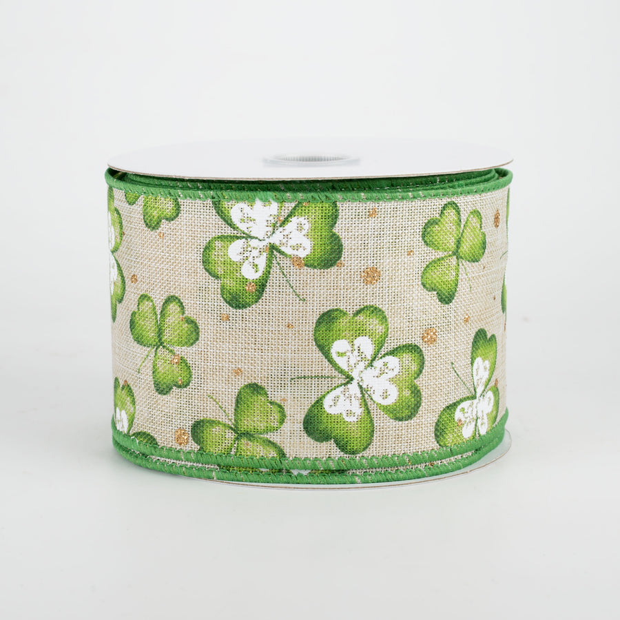 2.5" Watercolor Shamrocks Ribbon: Natural (10 Yards)