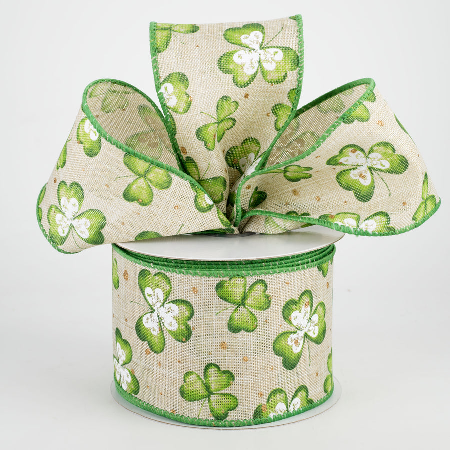 2.5" Watercolor Shamrocks Ribbon: Natural (10 Yards)