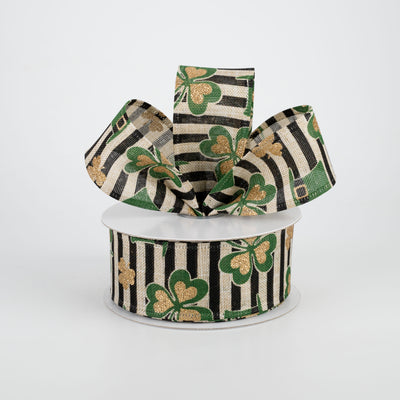 1.5" St. Patrick's Clovers & Hats Stripe Ribbon: Natural (10 Yards)