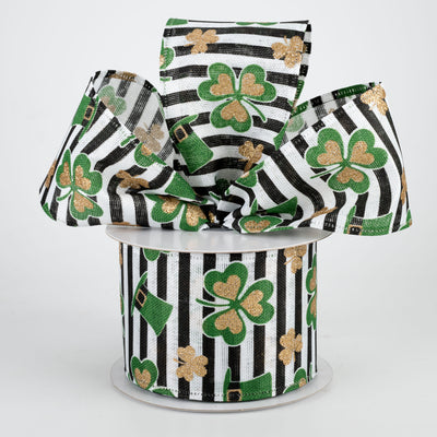 2.5" St. Patrick's Clovers & Hats Stripe Ribbon: White (10 Yards)