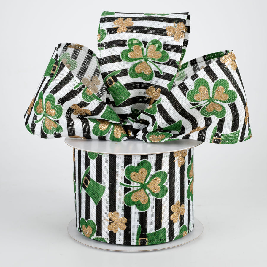 2.5" St. Patrick's Clovers & Hats Stripe Ribbon: White (10 Yards)