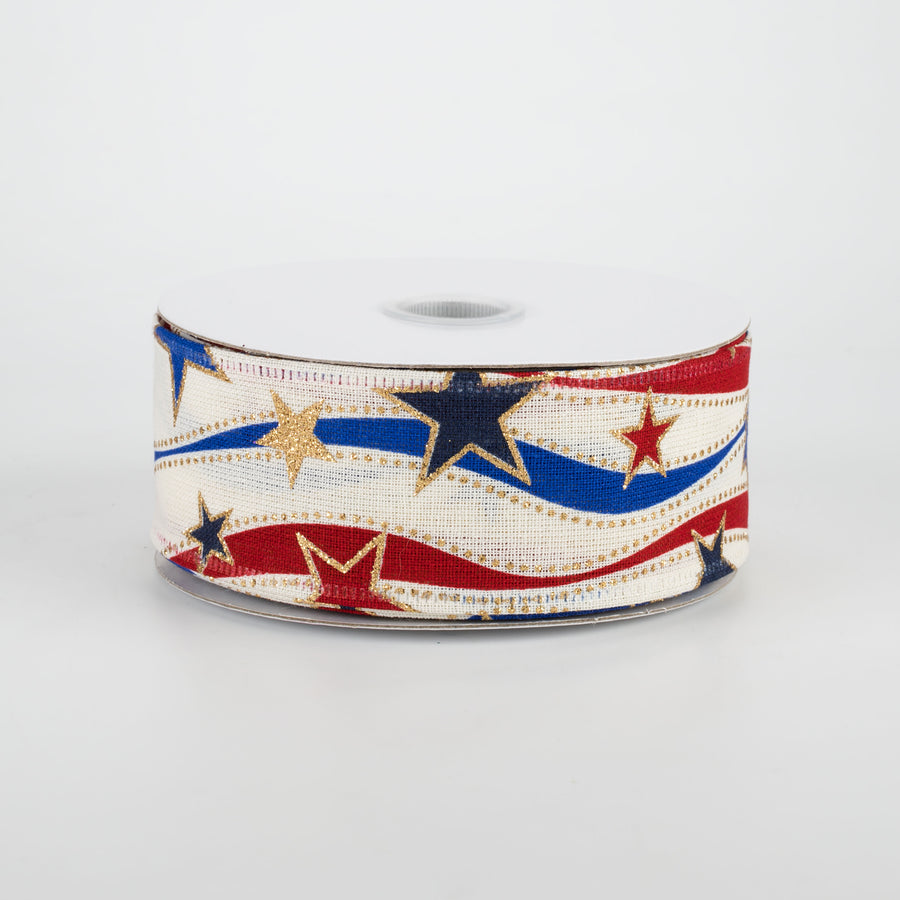 1.5" Red, Blue, Gold Stars Ribbon: Ivory (10 Yards)