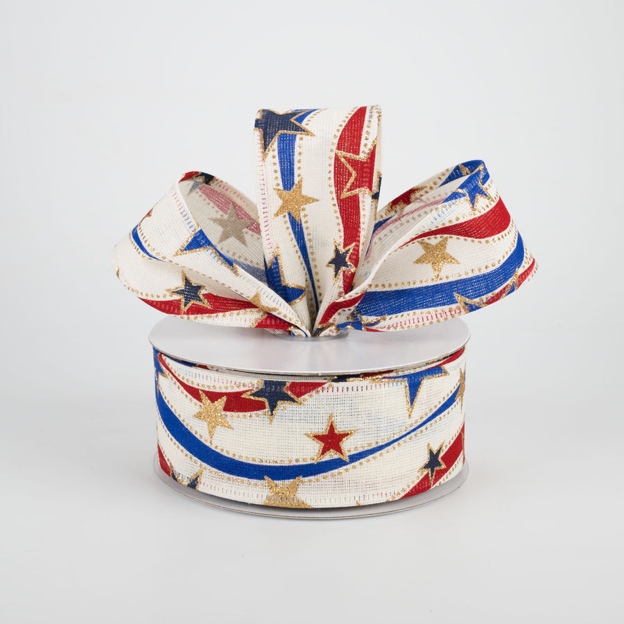 1.5" Red, Blue, Gold Stars Ribbon: Ivory (10 Yards)