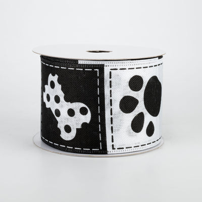 2.5" Doggie Paw Prints Bones Ribbon: Black & White (10 Yards)