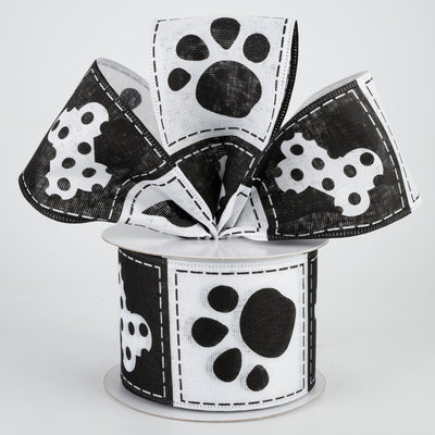 2.5" Doggie Paw Prints Bones Ribbon: Black & White (10 Yards)