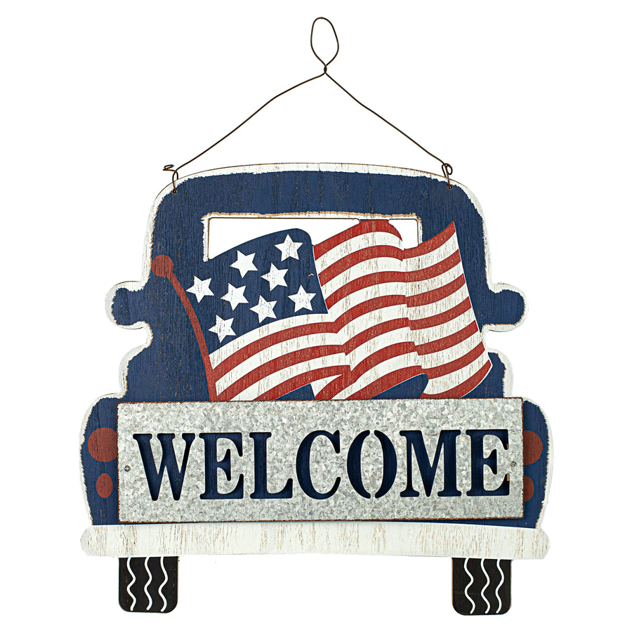 13" Wooden Sign: Welcome Flag On Truck