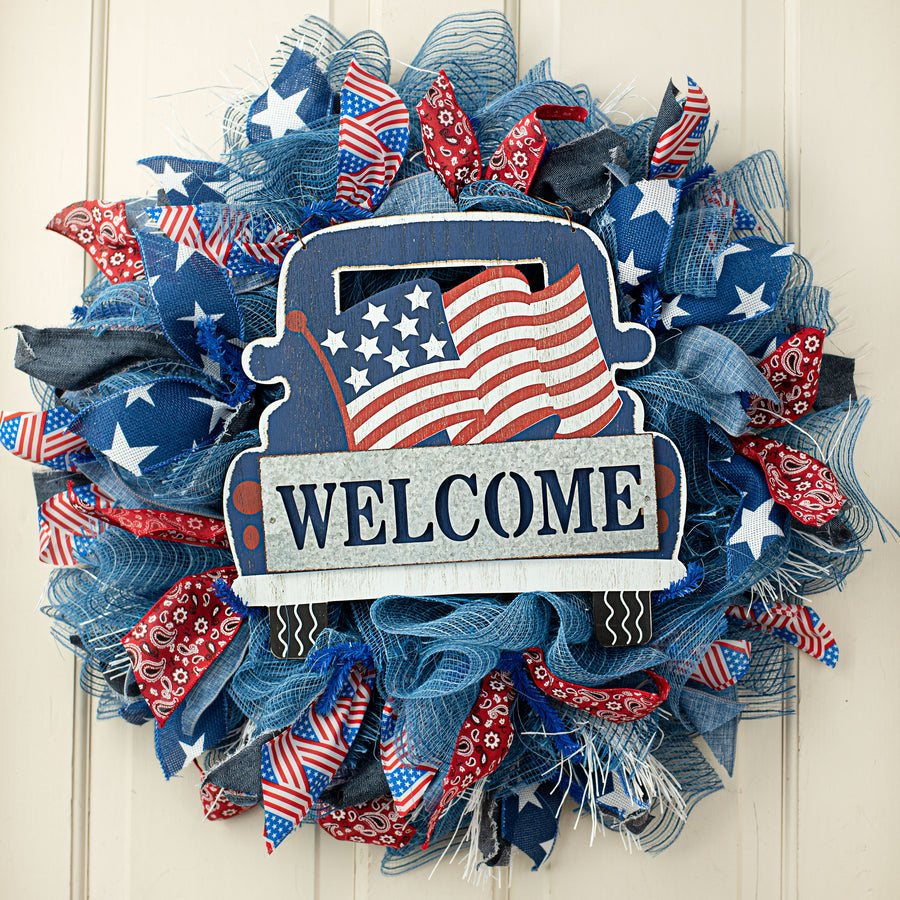 13" Wooden Sign: Welcome Flag On Truck