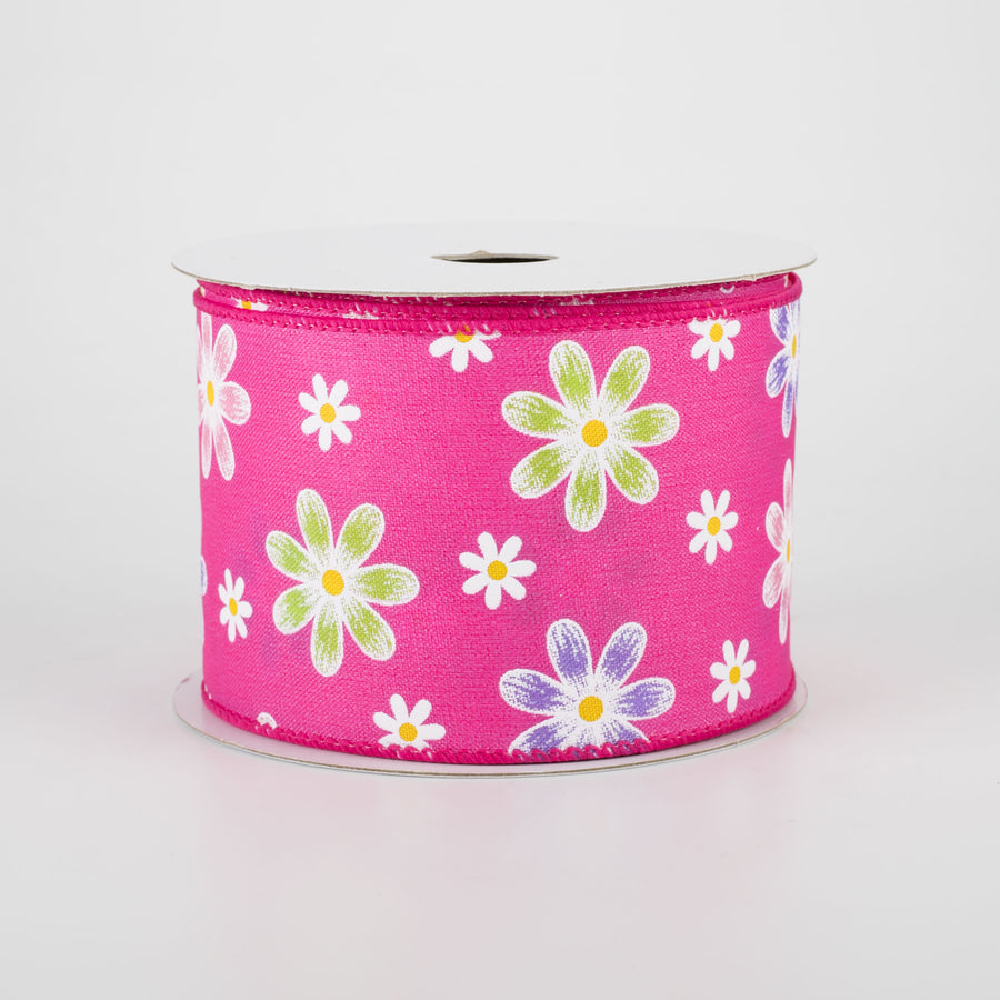 2.5" Brushed Spring Daisies Ribbon: Fuchsia (10 Yards)