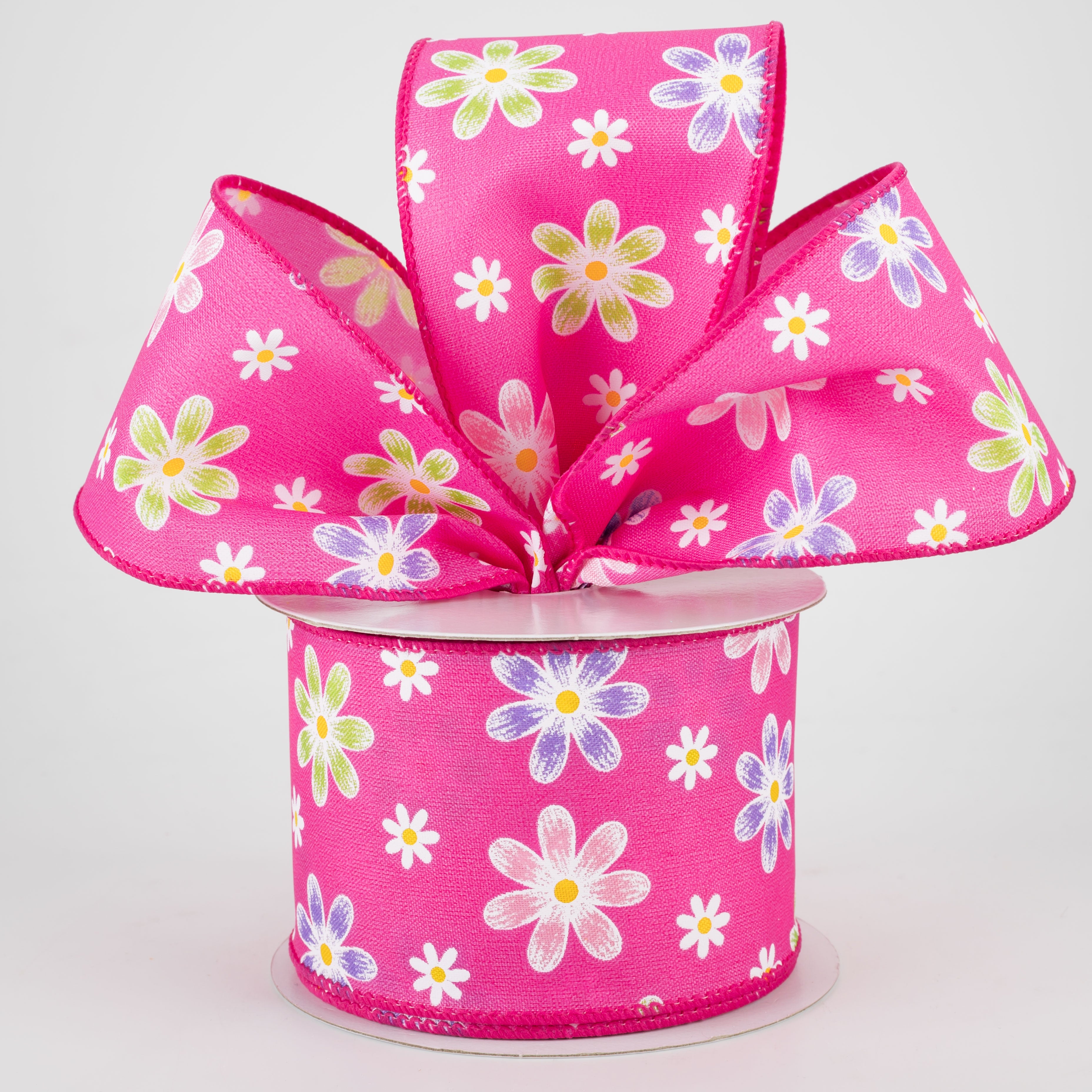 2.5" Brushed Spring Daisies Ribbon: Fuchsia (10 Yards)