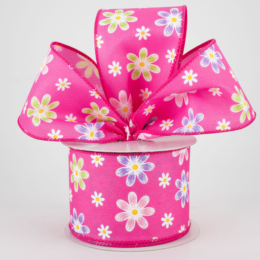 2.5" Brushed Spring Daisies Ribbon: Fuchsia (10 Yards)
