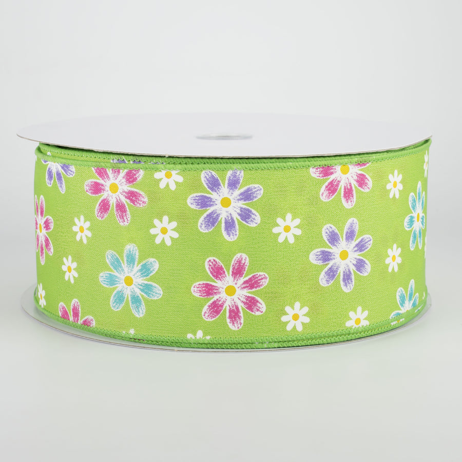 2.5" Brushed Spring Daisies Ribbon: Lime (50 Yards)