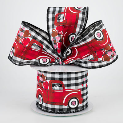2.5" Truck With Hearts Gingham Check Ribbon (10 Yards)