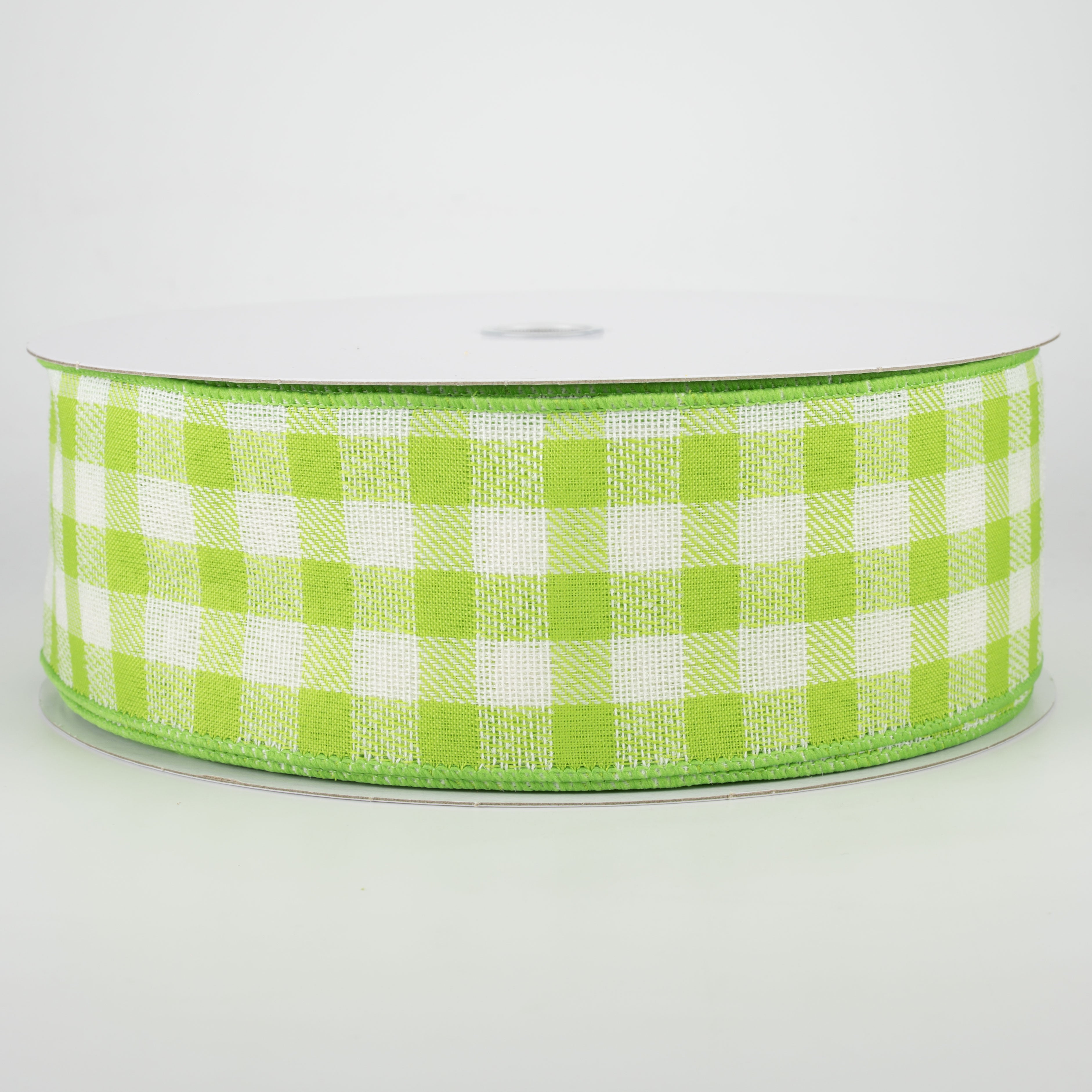 2.5" Woven Buffalo Plaid Ribbon: Lime & Cream (50 Yards)