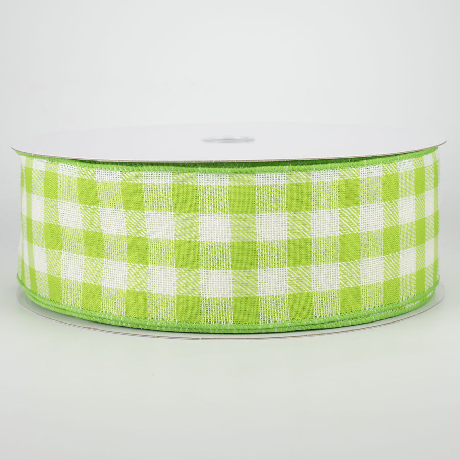 2.5" Woven Buffalo Plaid Ribbon: Lime & Cream (50 Yards)