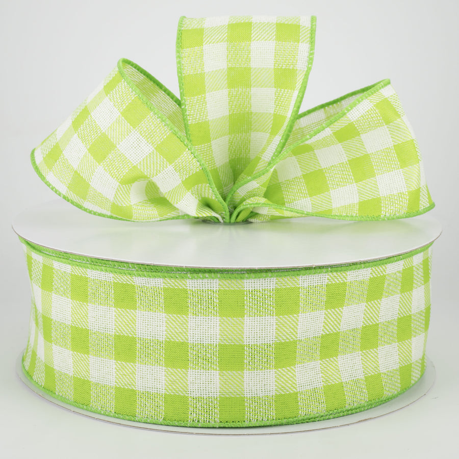 2.5" Woven Buffalo Plaid Ribbon: Lime & Cream (50 Yards)