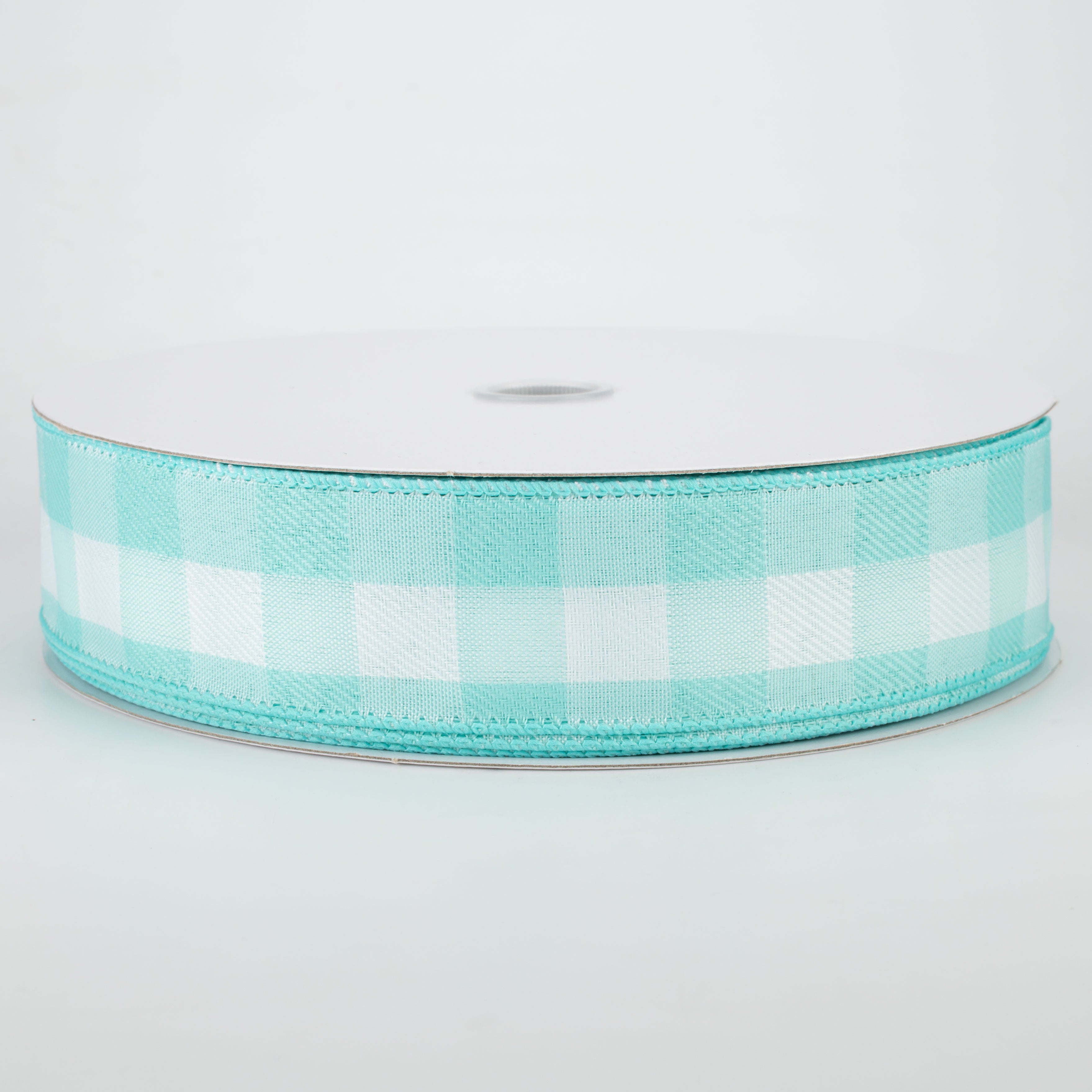 1.5" Woven Buffalo Plaid Ribbon: Aqua & White (50 Yards)