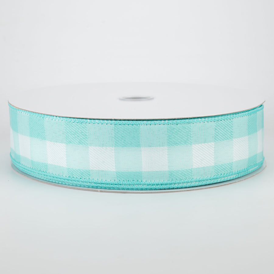 1.5" Woven Buffalo Plaid Ribbon: Aqua & White (50 Yards)