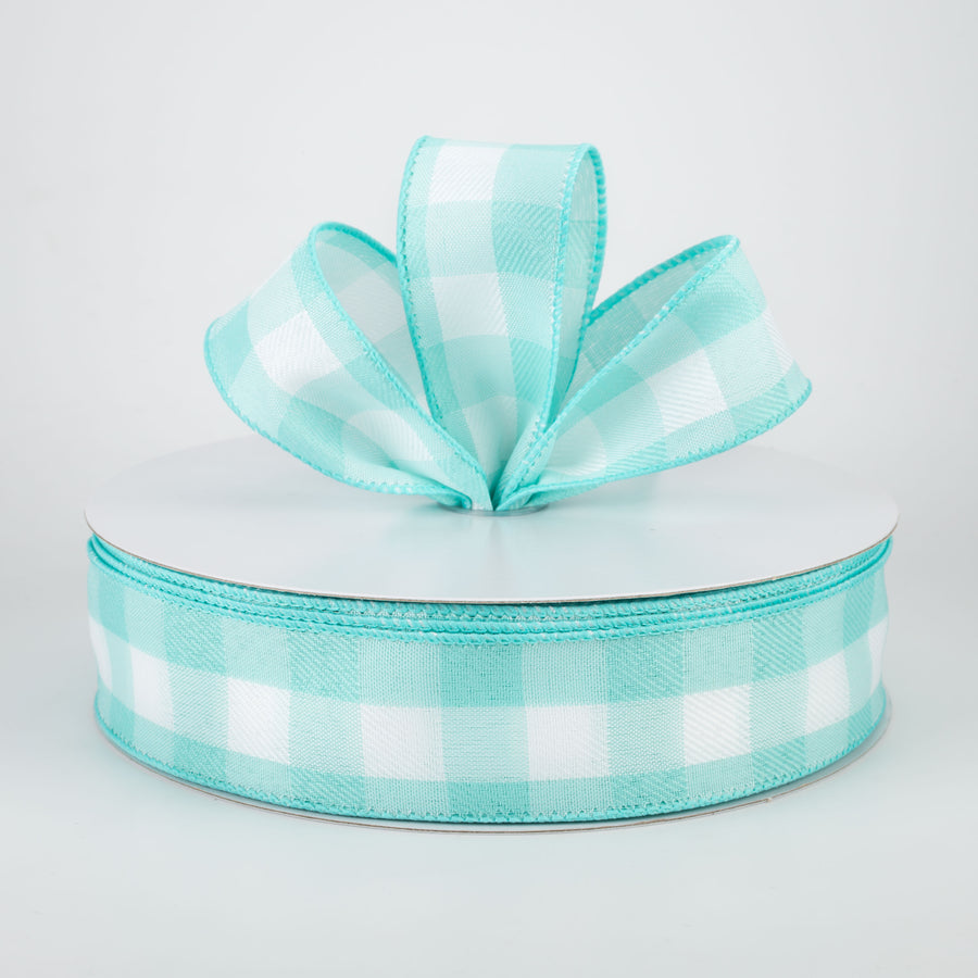 1.5" Woven Buffalo Plaid Ribbon: Aqua & White (50 Yards)