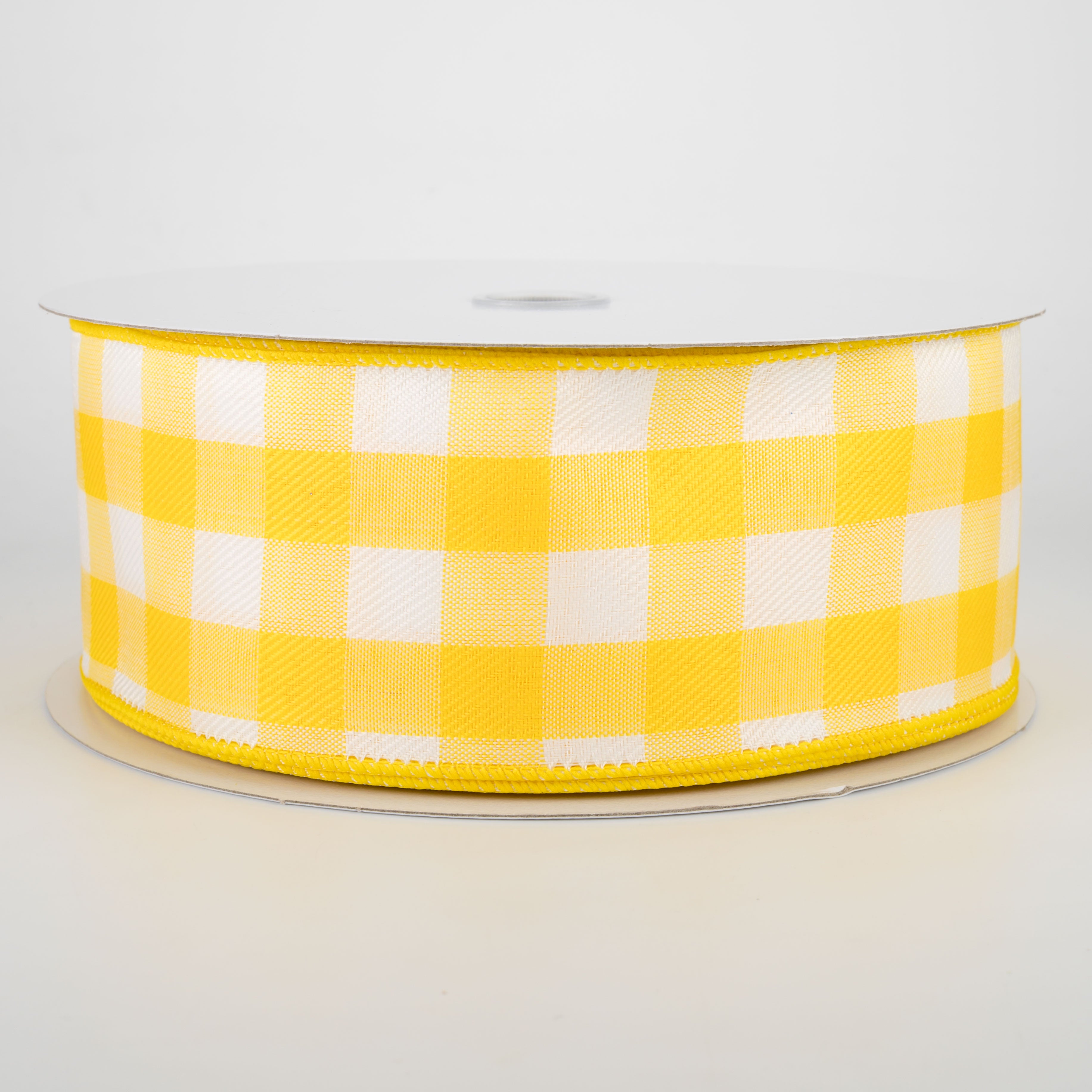 2.5" Woven Buffalo Plaid Ribbon: Daffodil Yellow & White (50 Yards)