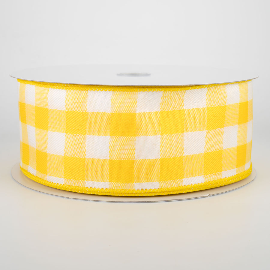 2.5" Woven Buffalo Plaid Ribbon: Daffodil Yellow & White (50 Yards)