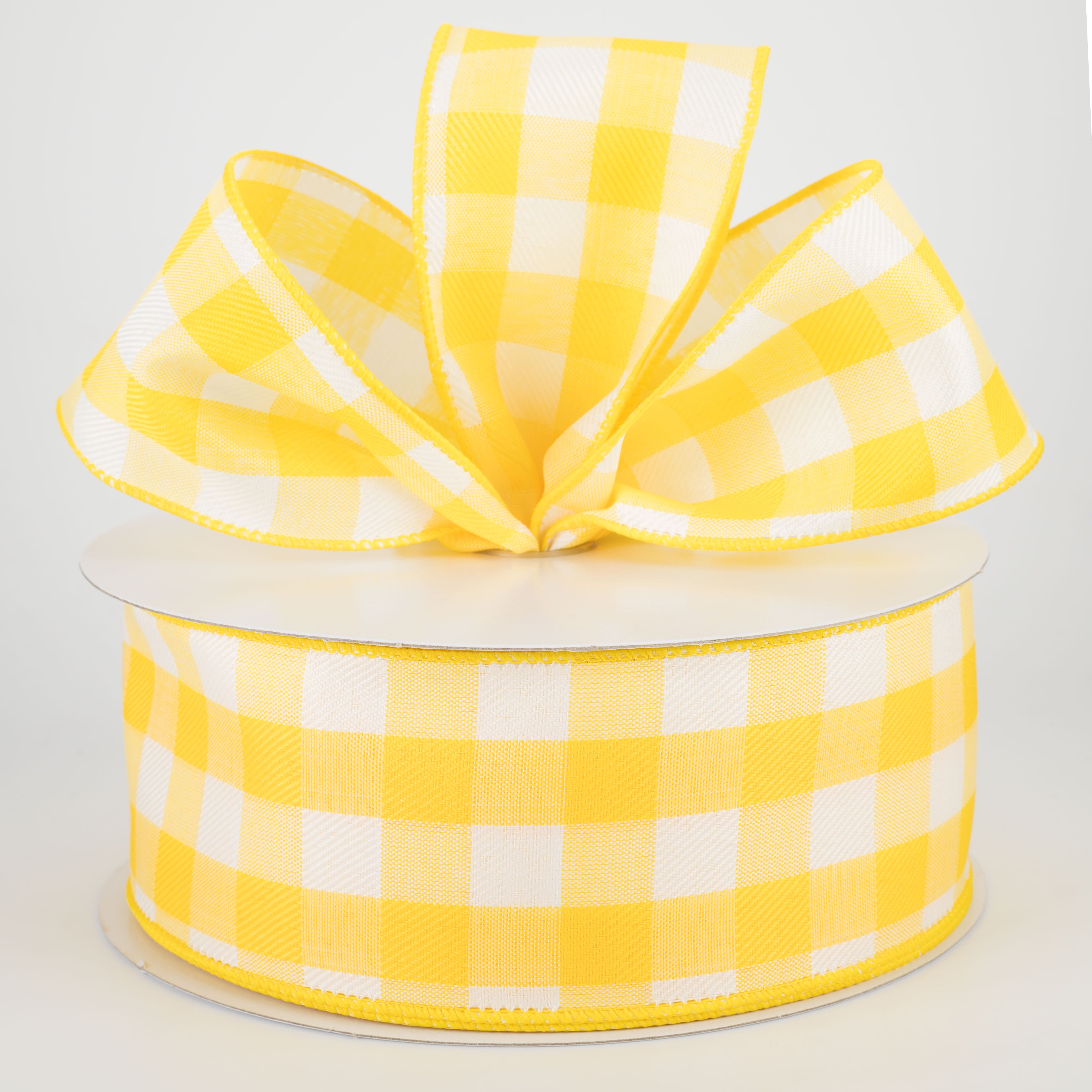 2.5" Woven Buffalo Plaid Ribbon: Daffodil Yellow & White (50 Yards)