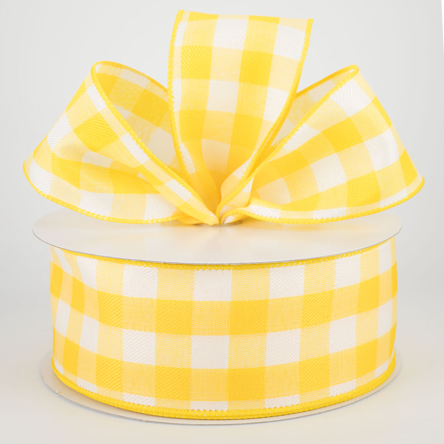 2.5" Woven Buffalo Plaid Ribbon: Daffodil Yellow & White (50 Yards)