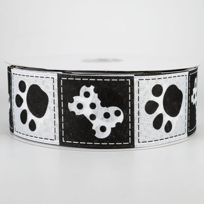 2.5" Doggie Paw Prints Bones Ribbon: Black & White (50 Yards)