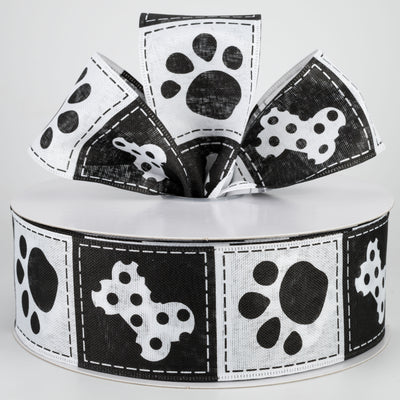 2.5" Doggie Paw Prints Bones Ribbon: Black & White (50 Yards)