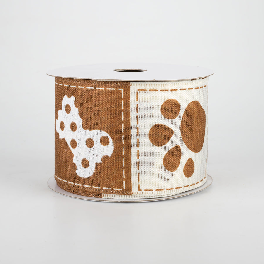 2.5" Doggie Paw Prints Bones Ribbon: Brown & Ivory (10 Yards)