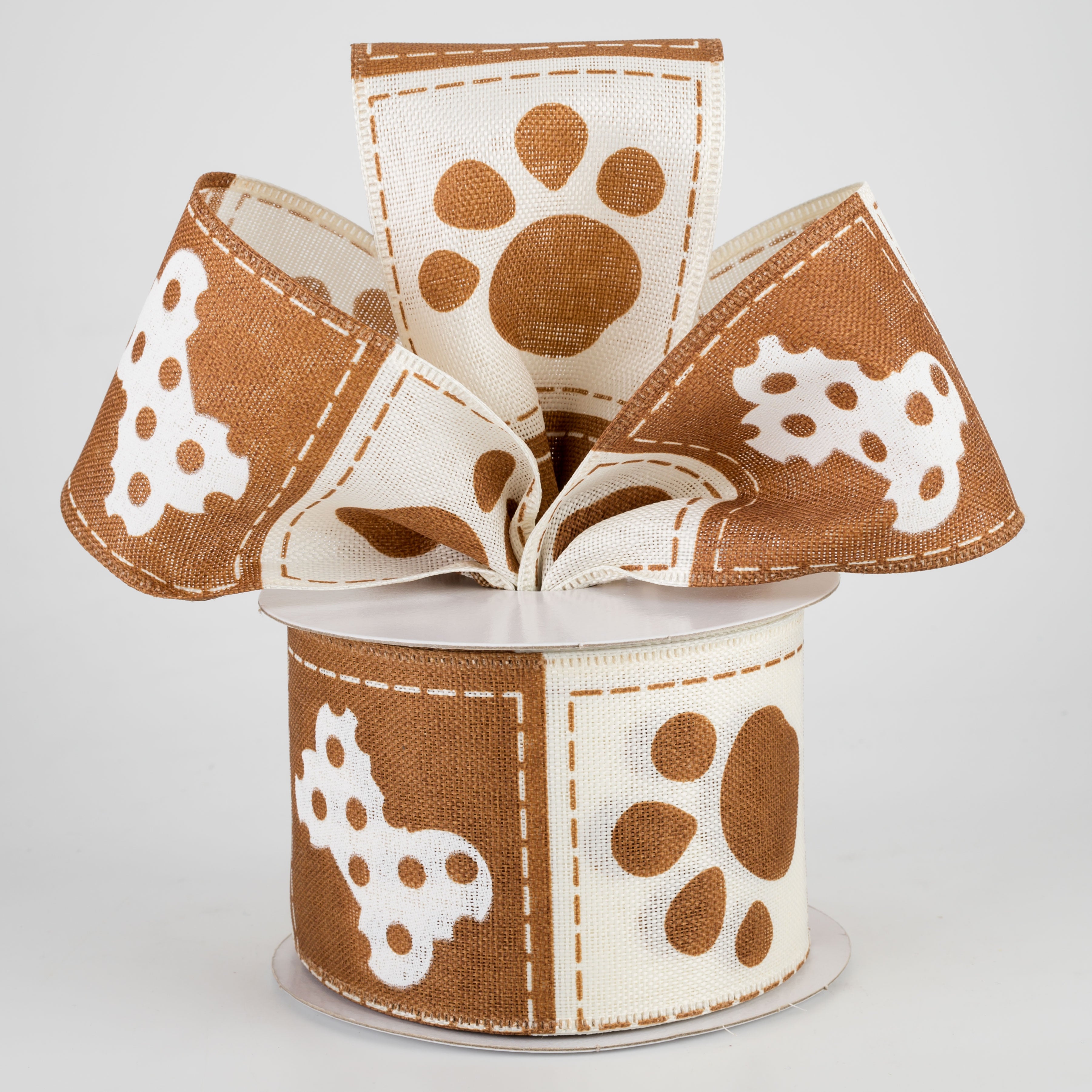2.5" Doggie Paw Prints Bones Ribbon: Brown & Ivory (10 Yards)