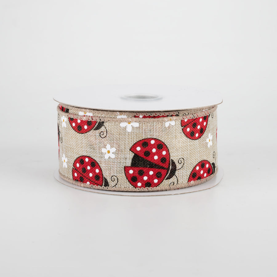 1.5" Ladybugs Daisies Ribbon: Natural (10 Yards)