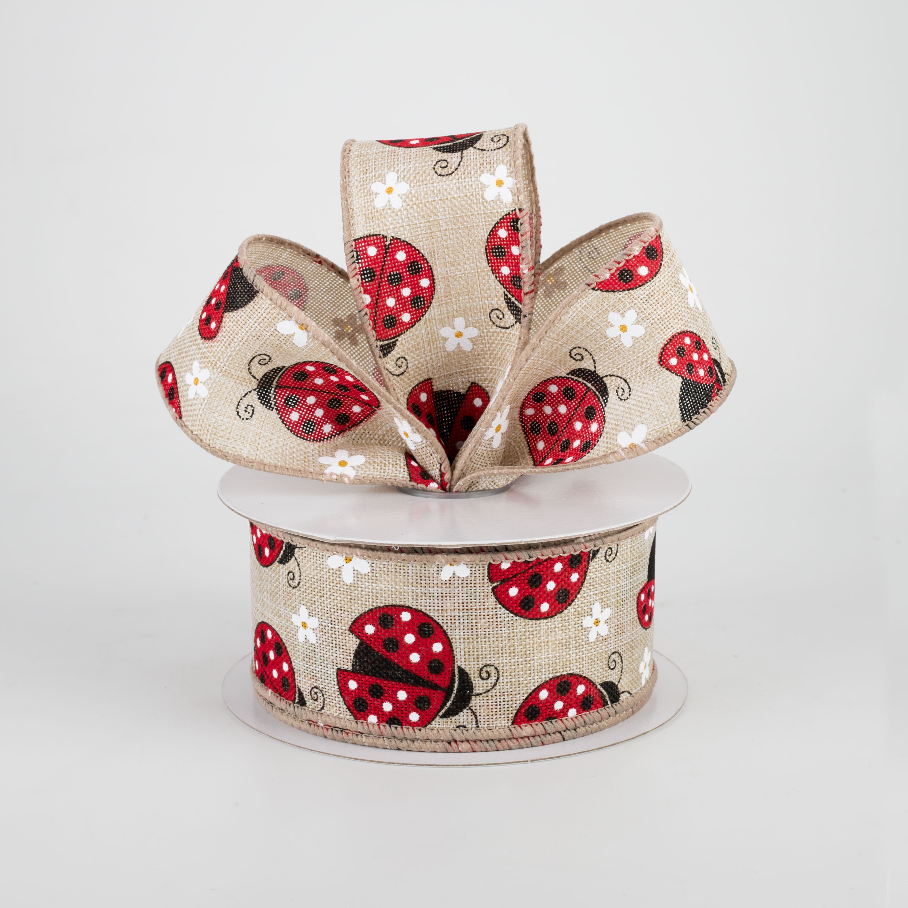 1.5" Ladybugs Daisies Ribbon: Natural (10 Yards)