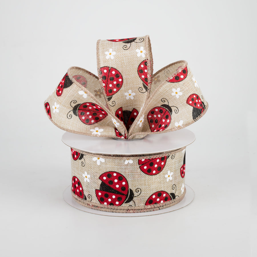 1.5" Ladybugs Daisies Ribbon: Natural (10 Yards)