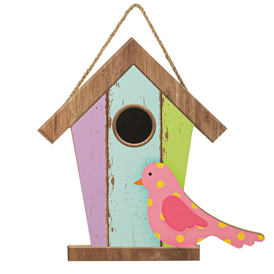 12" Wooden Birdhouse Sign: Pink Polkadot Bird
