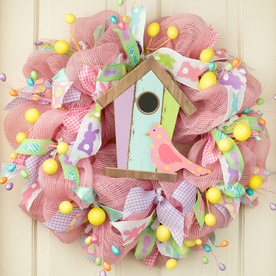 12" Wooden Birdhouse Sign: Pink Polkadot Bird