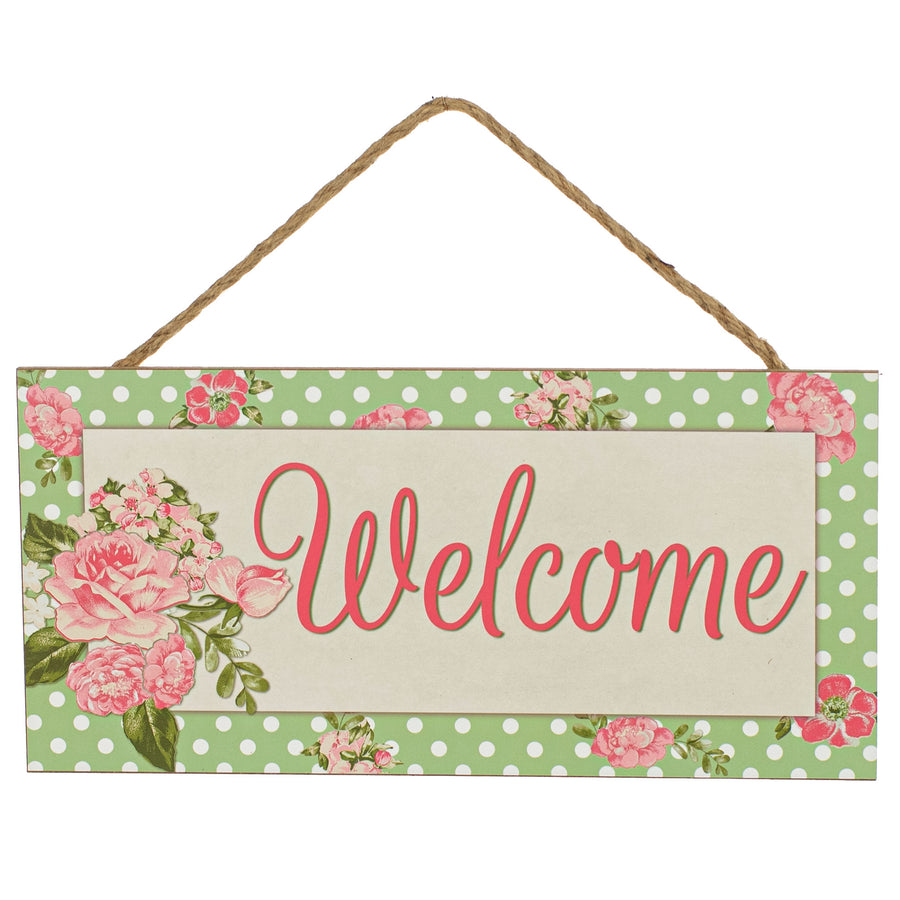 12" Wooden Sign: Welcome Floral Polkadot