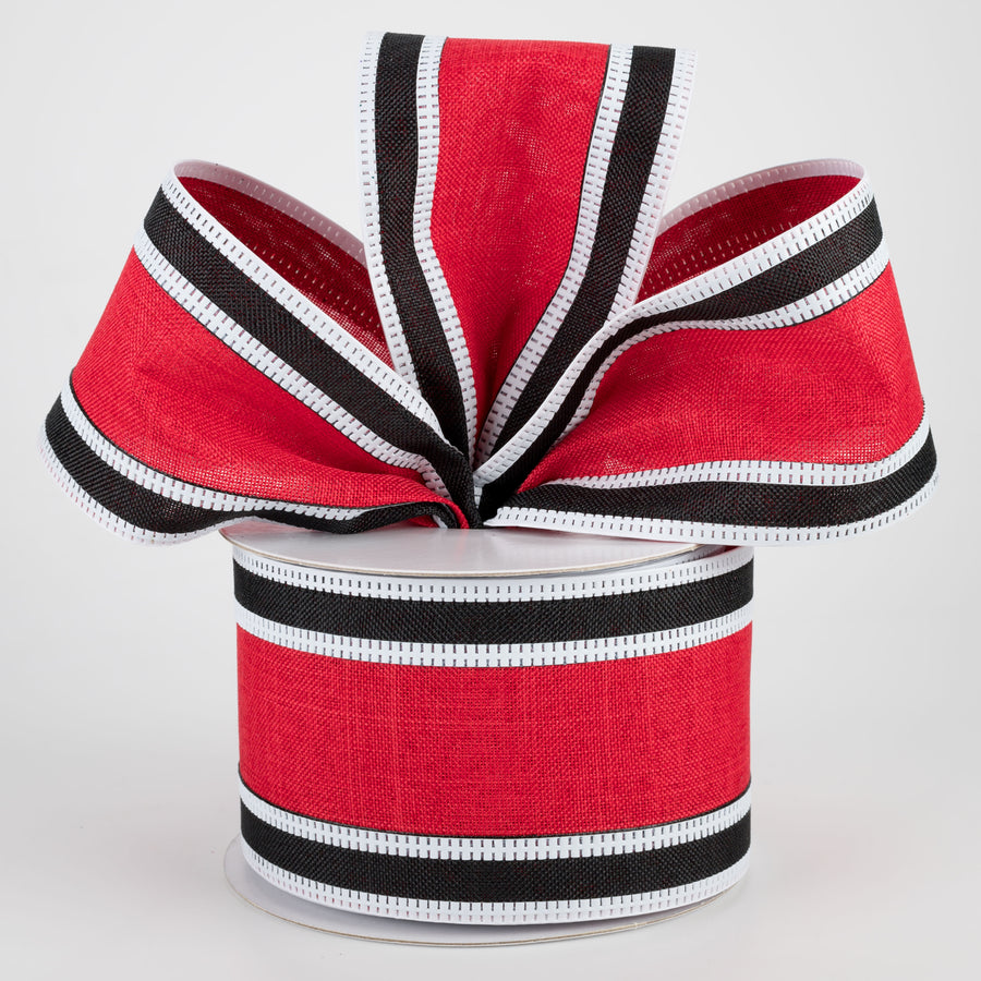 2.5" Linen Stripe Ribbon: Red, Black, White (10 Yards)