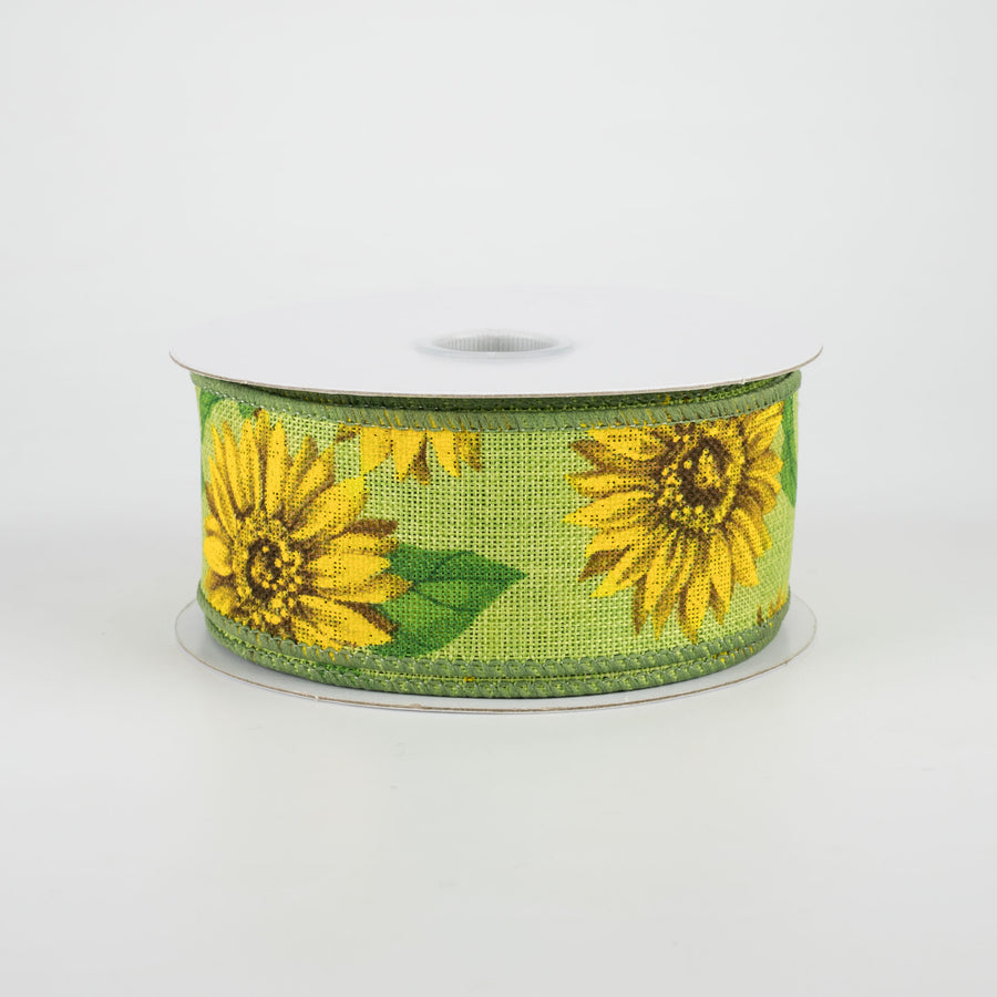 1.5" Linen Sunflower Ribbon: Lime (10 Yards)
