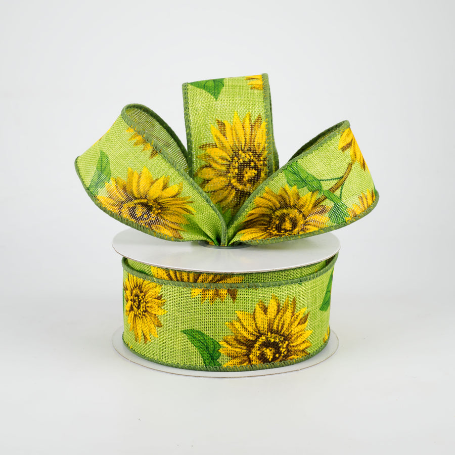1.5" Linen Sunflower Ribbon: Lime (10 Yards)
