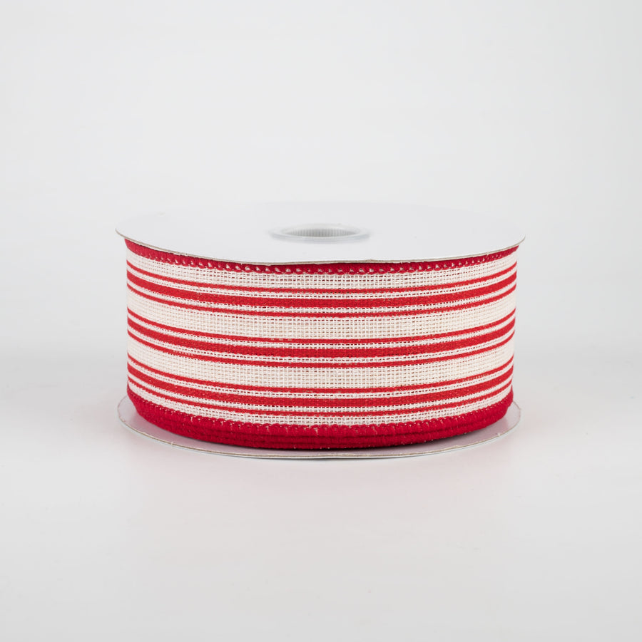 1.5" Ticking Linen Ribbon: Cream & Red (10 Yards)