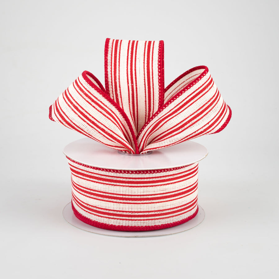 1.5" Ticking Linen Ribbon: Cream & Red (10 Yards)
