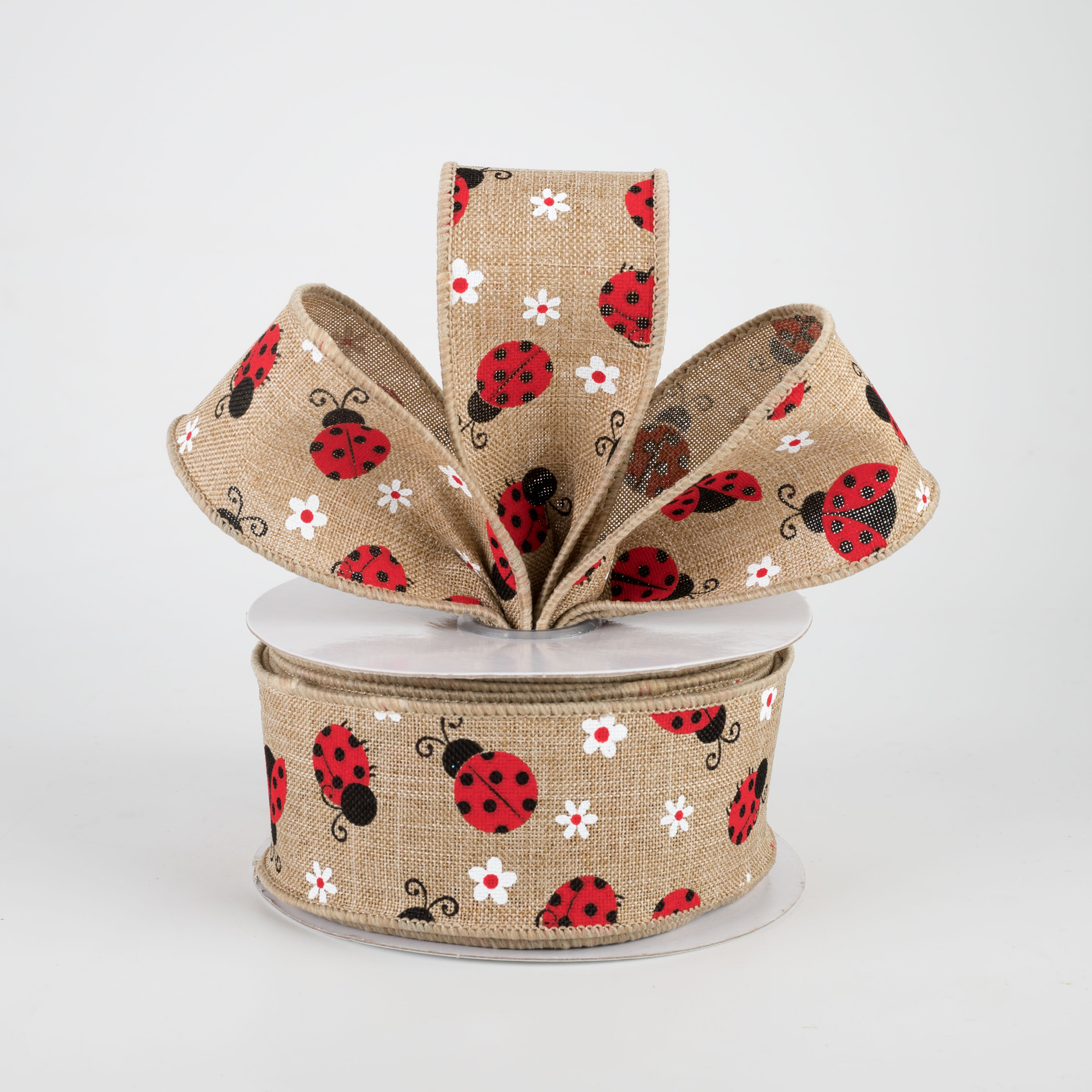 1.5" Mini Ladybugs Ribbon: Light Beige (10 Yards)