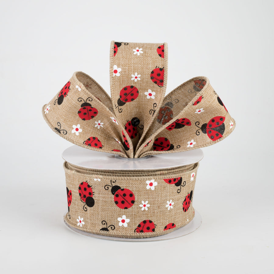 1.5" Mini Ladybugs Ribbon: Light Beige (10 Yards)