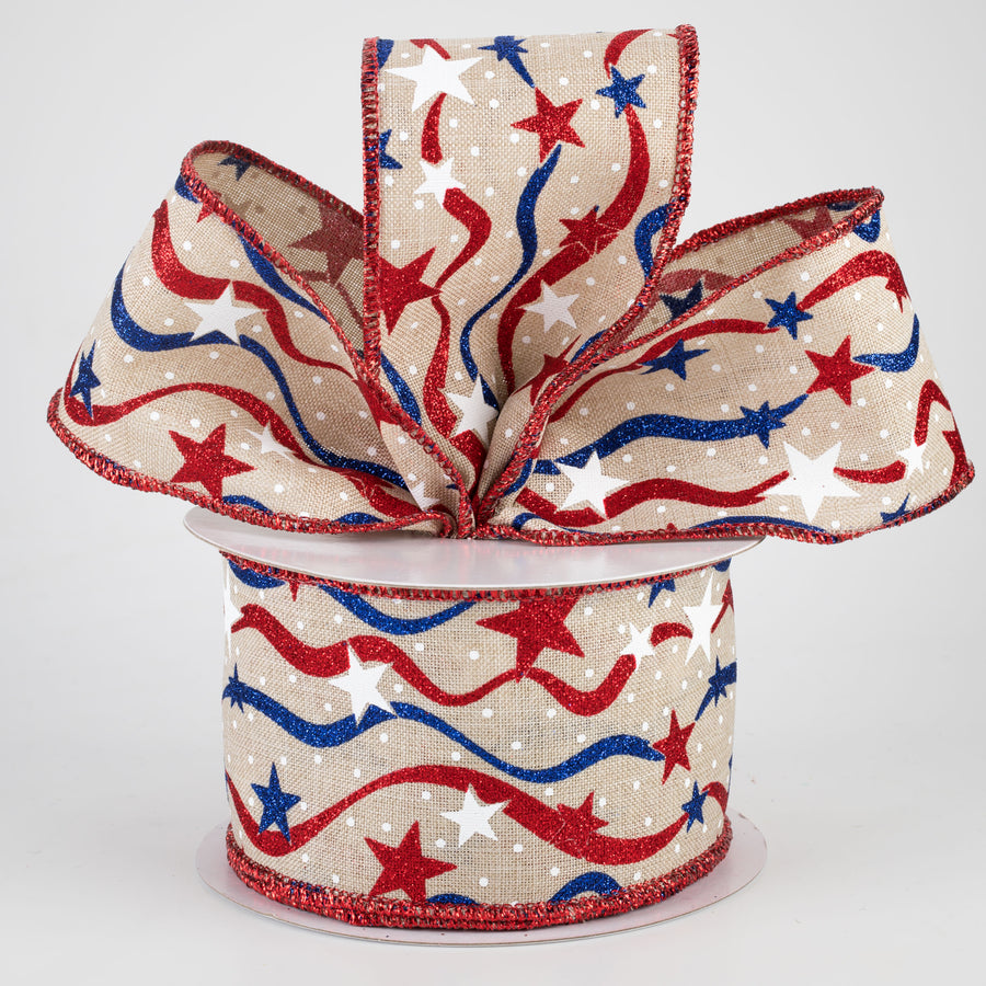 2.5" Stars & Wavy Stripes Ribbon: Light Natural, Red, White, Blue (10 Yards)