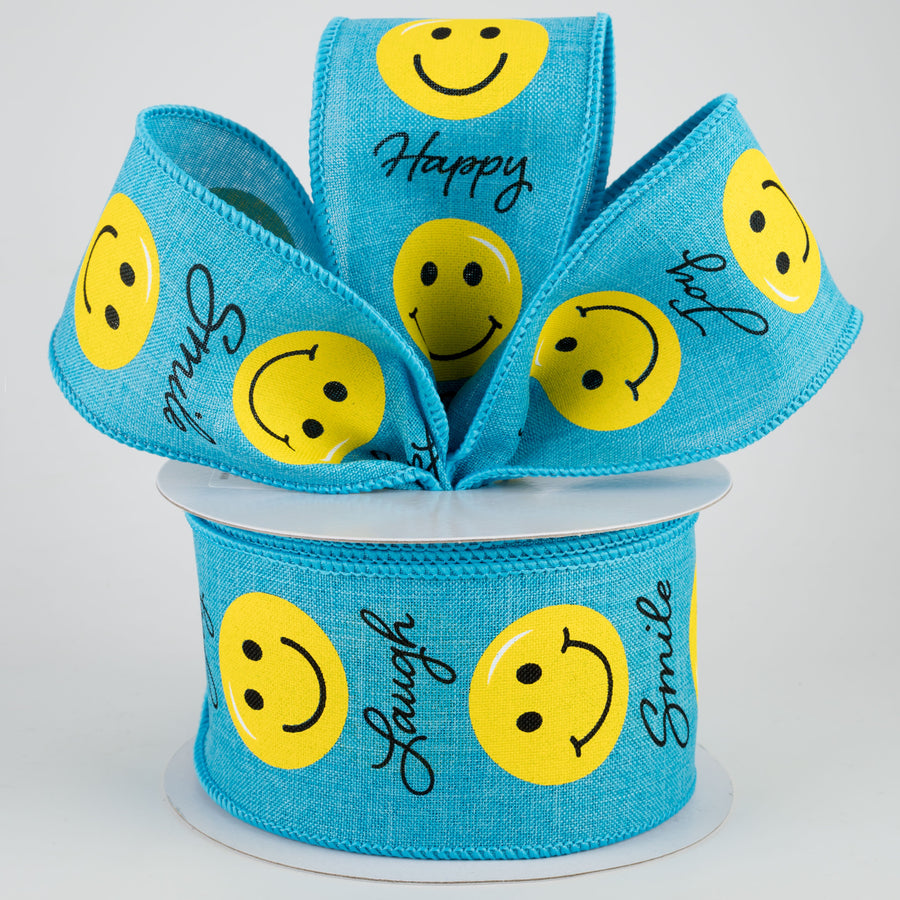 2.5" Smiley Face Ribbon: Turquoise (10 Yards)