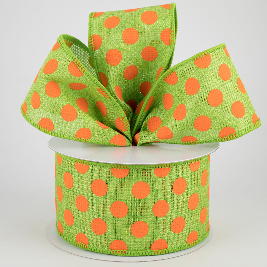 2.5" Medium Polka Dot Faux Burlap Ribbon: Lime & Orange (10 Yards)