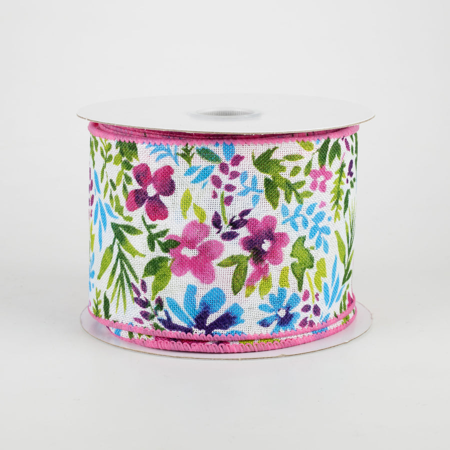2.5" Watercolor Flowers on Linen Ribbon: Fuchsia & Blue (10 Yards)