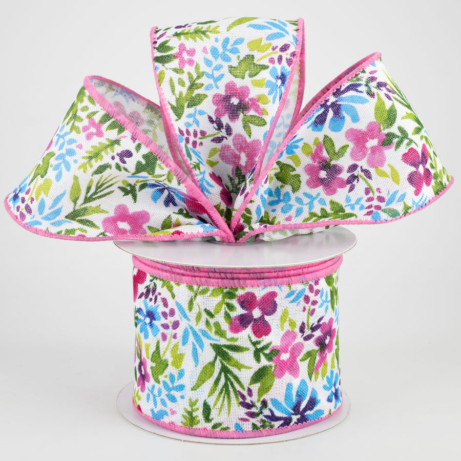 2.5" Watercolor Flowers on Linen Ribbon: Fuchsia & Blue (10 Yards)