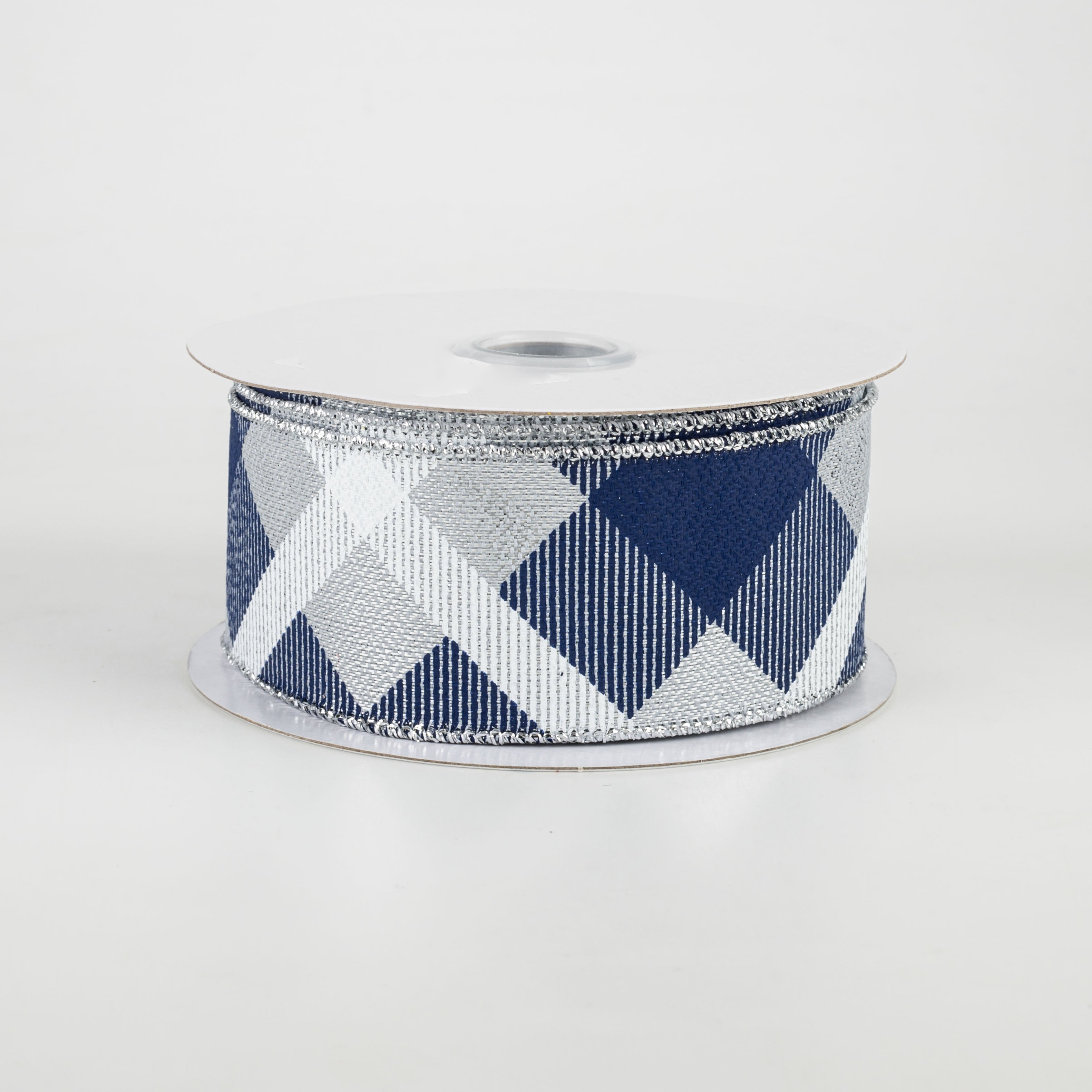 1.5" Printed Plaid Metallic Ribbon: Silver, Navy, White (10 Yards)