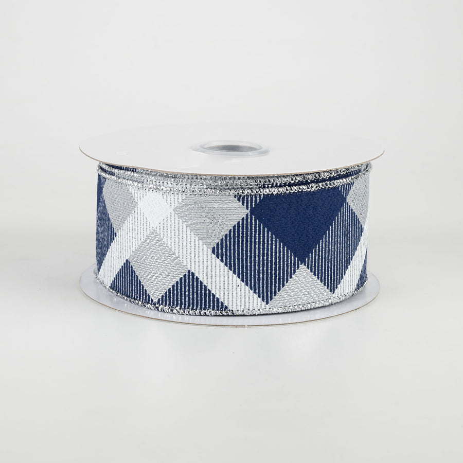 1.5" Printed Plaid Metallic Ribbon: Silver, Navy, White (10 Yards)